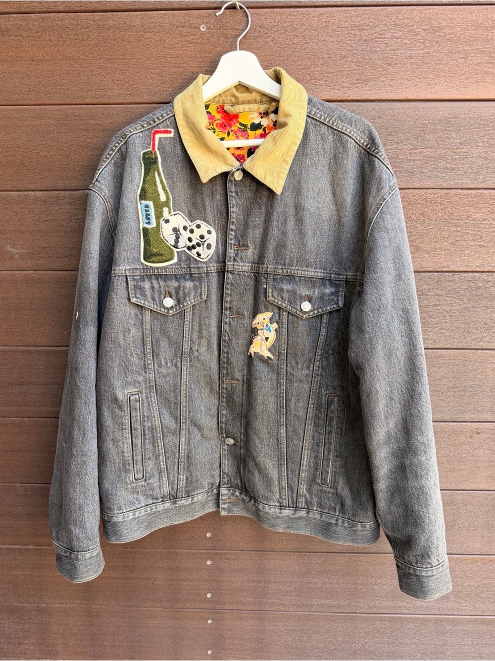 Men's Gray Denim Jacket with Yellow Corduroy Collar